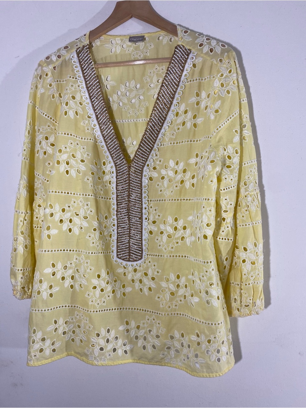 Chico's Pale Yellow Eyelet Tunic with Embroidered V-Neck XL
